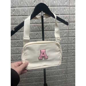 Cream Nylon Belt Bag Pink Chenille Letter A Patch Fanny Pack Crossbody Purse